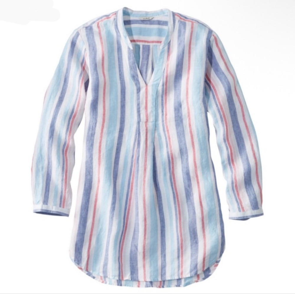 L.L. Bean Premium Washable Linen Tunic in Pool Blue Stripe Size Small Petite